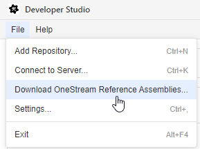The File menu is expanded and the cursor hovers over Download OneStream Reference Assemblies